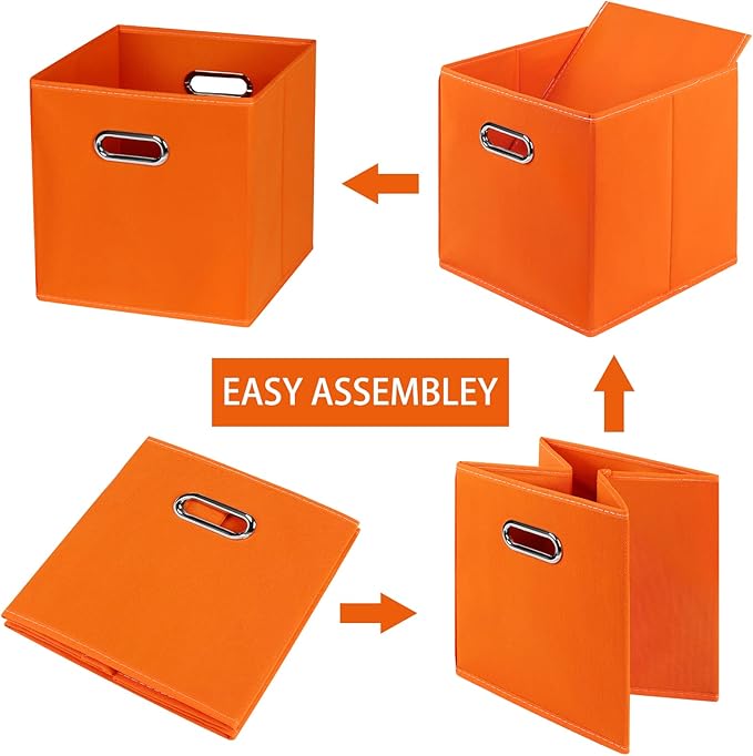 Fabric Cloth Storage Bins,Fabric Cube Bins Organizer with Dual Handles Foldable Cube Storage Baskets for Home Bedroom Storage,Set of 6,(Orange)