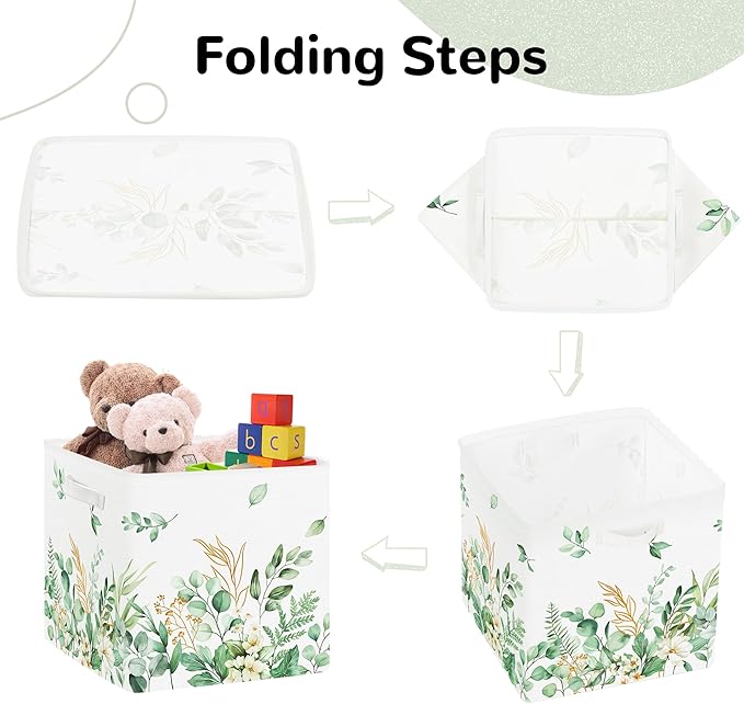 Clastyle 3 pcs Leaf Women Cube Storage Unit Boxes Foldable Kallax Box for Shelves Ladies Girls Storage Baskets for Book Clothes Toy Organizer, Green, 11.8x11.8x11.8 in