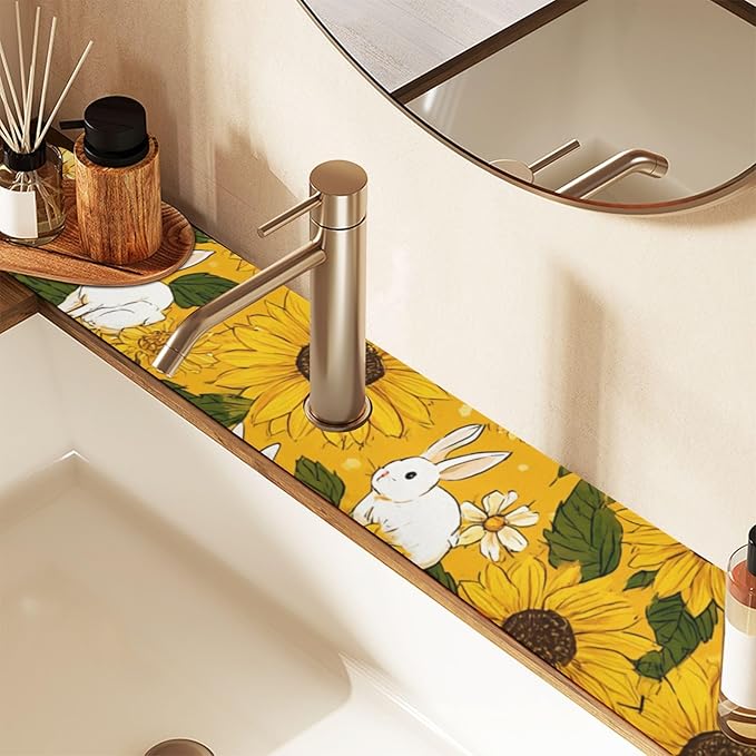 Autumn Sunflower and Cute Rabbit Kitchen Sink Splash Guard Sink Faucet Mat Faucet Handle Drip Catcher Drain Mats for Kitchen Bathroom Countertop Absorbent Dish Drying Pad 2Pack 30x5.4IN