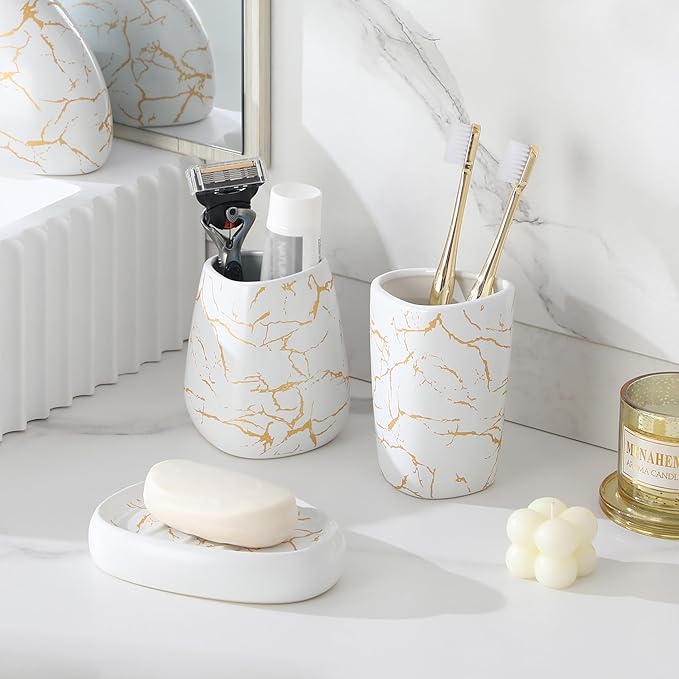 MALACASA Bathroom Accessories Sets 4 Pcs, Cream Soap Dispenser and Farmhouse Toothbrush Holder, Soap Dish with Storage Cup, Durable Ceramic Bathroom Decor for Morden Apartment, White Gold