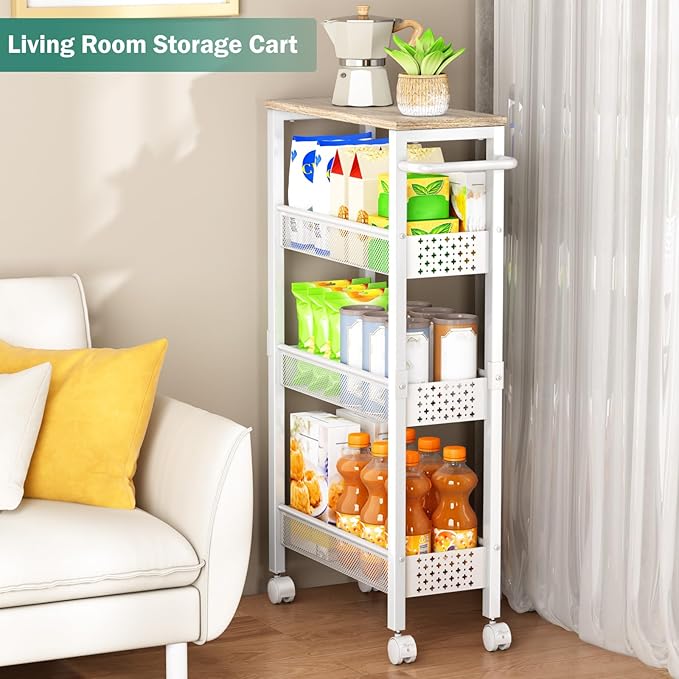 Utility Slim Storage Cart, 4 Tier Small Rolling Kitchen Laundry Room Cart with Wood Top, Metal Bathroom Storage Cabinet Mobile Shelf Unit Organizer Trolley with Handle for Narrow Space