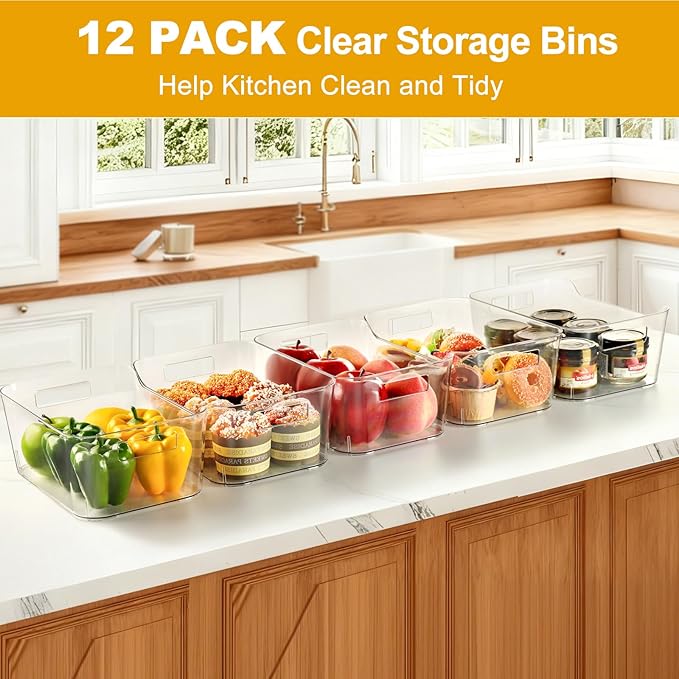 Hudgan 12 Pack Clear Pantry Organizer Bins, Plastic Storage Bins for Fridge, Plastic Pantry Organizer Containers for Home, Kitchen Cabinet, Bathroom Shelf, Under Sink and Closet
