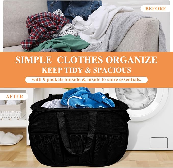2 Pack Collapsible Laundry Baskets with Lid, Foldable Laundry Basket with Handy Pockets, Pop Up Laundry Hamper with Dual Handles, 99L Sturdy Hampers for Clothes, Groceries, Supplies, Tools, Black