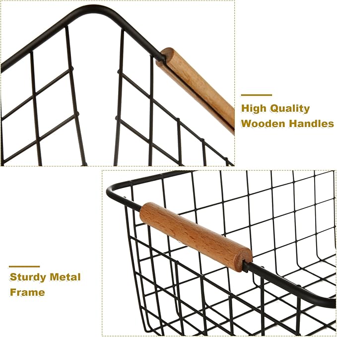 4 Pack Black Metal Wire Storage Baskets, Pantry Baskets for Organizing, Wire Food Storage Basket Organizer with Wooden Handles for Kitchen, Pantry, Freezer - 29 x 22 x 12cm