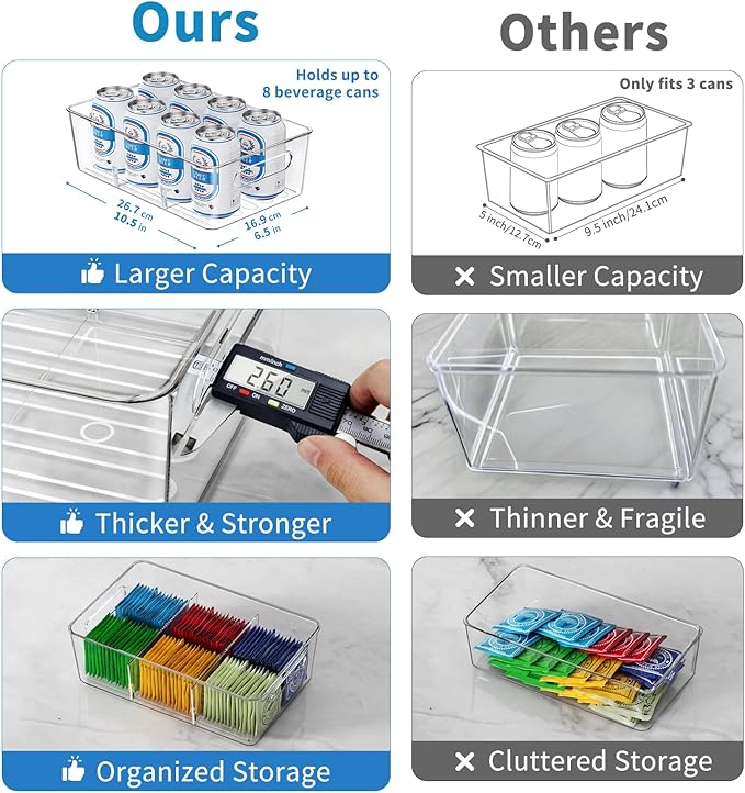 Mpotmiy 6 Pack Pantry Organizers and Storage,Clear Plastic Containers with 2 Dividers for Kitchen,Fridge Organization and Storage,Acrylic Bins for Pounches,Spice Packet,Snack organzier