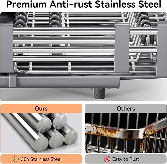 Stainless Steel Dish Drying Rack - Dish Drainer for Kitchen Counter, Extendable Drainboard with Foldable, Space-Saving Cup & Bowl Organizer, Includes Knife and Utensil Holder, Gray