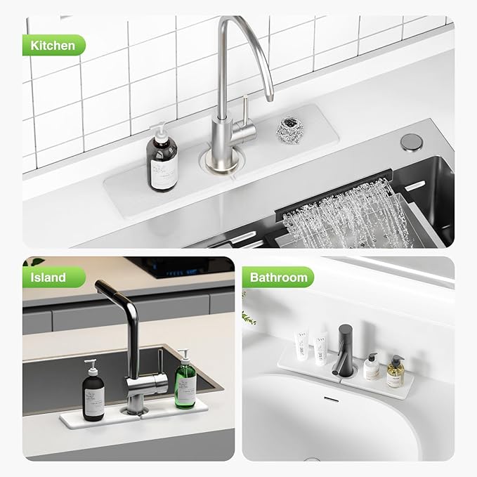 15.8" x 4" Stone Faucet Mat for Kitchen Sink, Quick Drying Diatomite Sink Tray, Faucet Sink Splash Guard for Prevents Moisture Buildup (White)