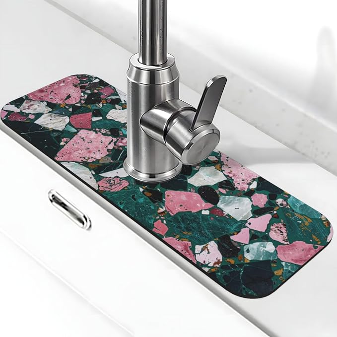Faucet Draining Mat For Kitchen Sink, Terrazzo Dark Green Diatom Mud Absorbent Drain Pad For Bathroom Kitchen Sink Splash Guard Drying Mat