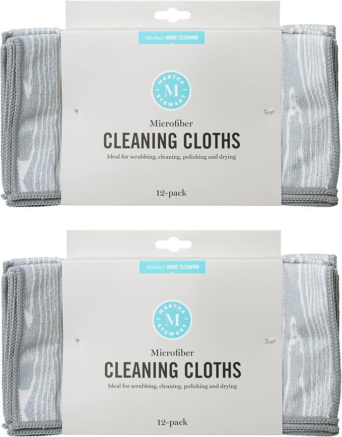 Martha Stewart Microfiber Cleaning Cloths, Ultra-Absorbent, Lint-Free Cleaning Towels for Home & Kitchen, Faux Bois Design, 11 Inches, 24 Count