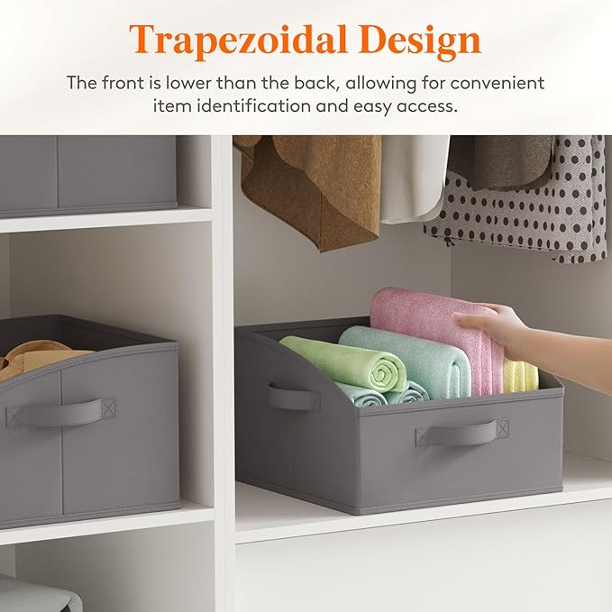 Lifewit Trapezoid Closet Storage Bins for Shelf, 6 Packs Non-woven Closet Organizer Baskets with Handles, Foldable Clothes Containers Boxes for Clothing, Book, Purse, 16L, Medium, Gray