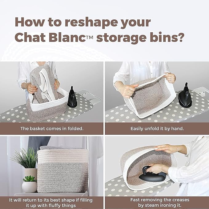 CHAT BLANC Cotton Rope Baskets for Organizing | Storage Baskets for Shelves | Rope Basket for Storage, Small Laundry Baskets, Woven Baskets for Storage, Dog Toy Bin, Baby Basket, Creamy White 3 Pack