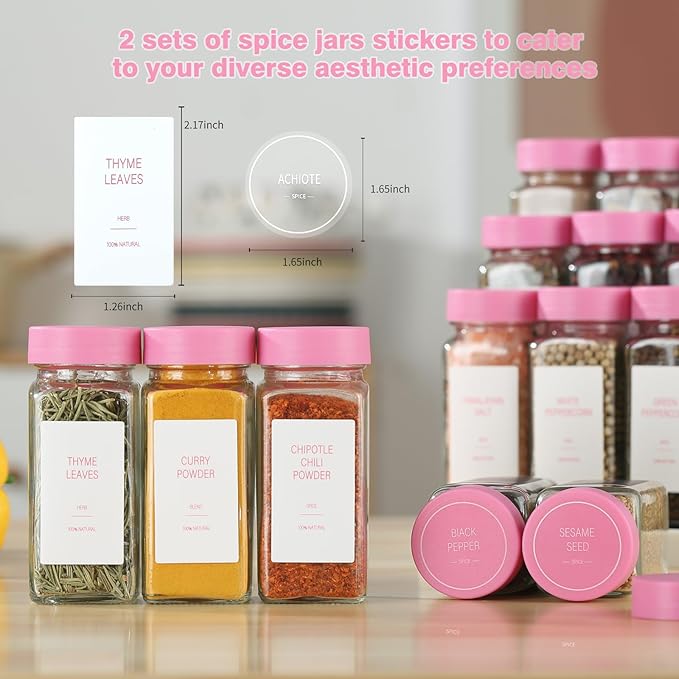 Pink Spice Jars with Label，4oz Seasoning Containers, Glass Spice Bottles with Shaker Lids,Funnel, Chalk Pen(Pink, 36)