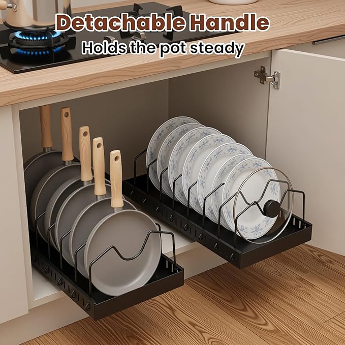 2 Pcs Pots and Pans Organizer Under Cabinet - Expandable Pull Out Cabinet Organizer for Pots and Pans, Pan and Lid Organizers Inside Cabinet, Adjustable Storage Rack (BLACK)