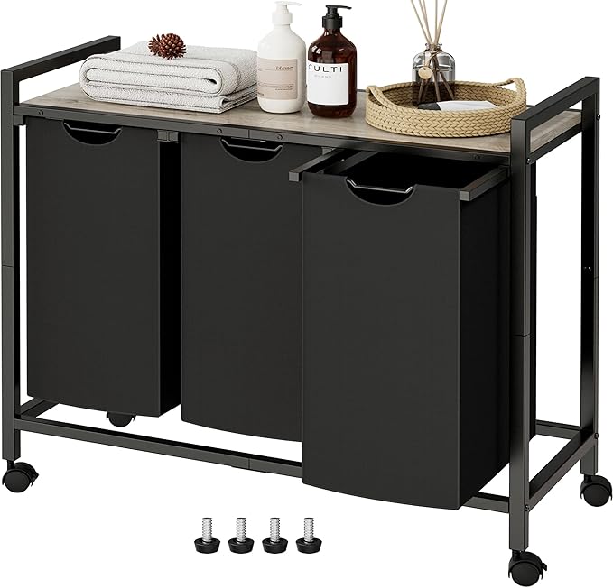 Laundry Hamper, Laundry Basket, Laundry Sorter with 2 Pull-Out and Removable Bags, Shelf, Laundry Room Storage with Table, for Bathroom, Bedroom, 3 x 10.5 Gal (40L), Greige