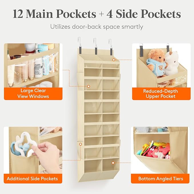 Lifewit 1 Pack Over the Door Organizer, Clear Window Hanging Storage with 4 Mesh Side Pockets, Anti Tilt 40 lbs Load Behind Door for Pantry, Nursery, Bathroom, Bedroom, Dorm, 12 Section, Beige