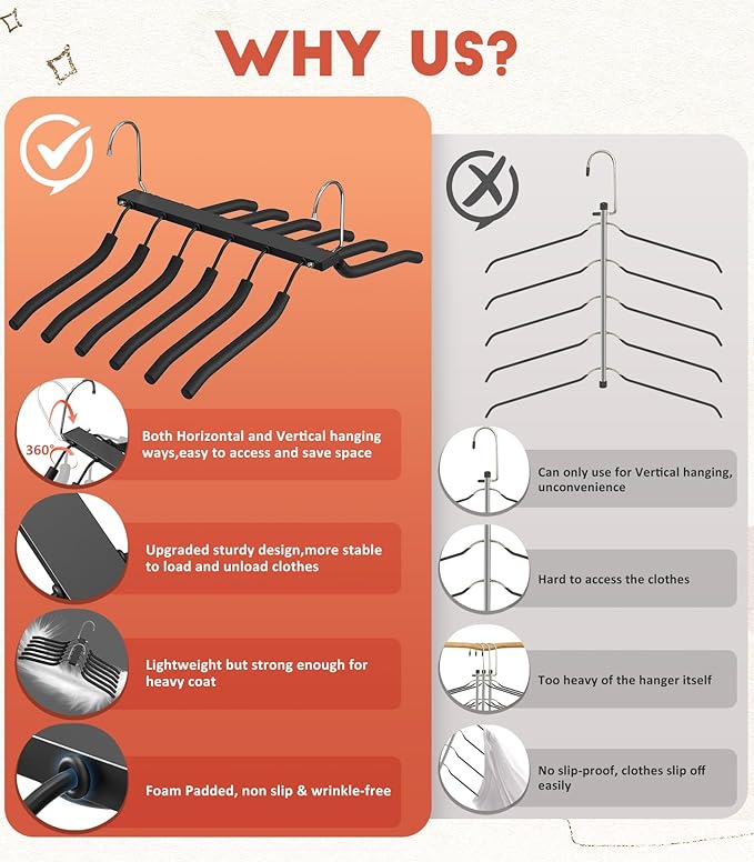 HUITEM Clothes Hangers Space Saving 6 Tier Coat Hangers, Swing Arm Non Slip Padded Multi Sweater & T Shirt Hangers, 2 Packs Heavy Duty Stainless Steel Sweater Closet Organizers and Storage