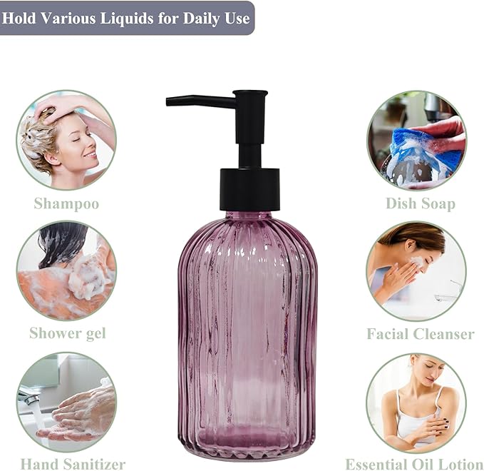 Black Pump Glass Soap Dispenser, 13.5oz Purple Stripe Countertop Refillable Liquid Bottle Hand Dish Lotion Dispenser with Plastic Pump, for Kitchen, Bathroom Countertop