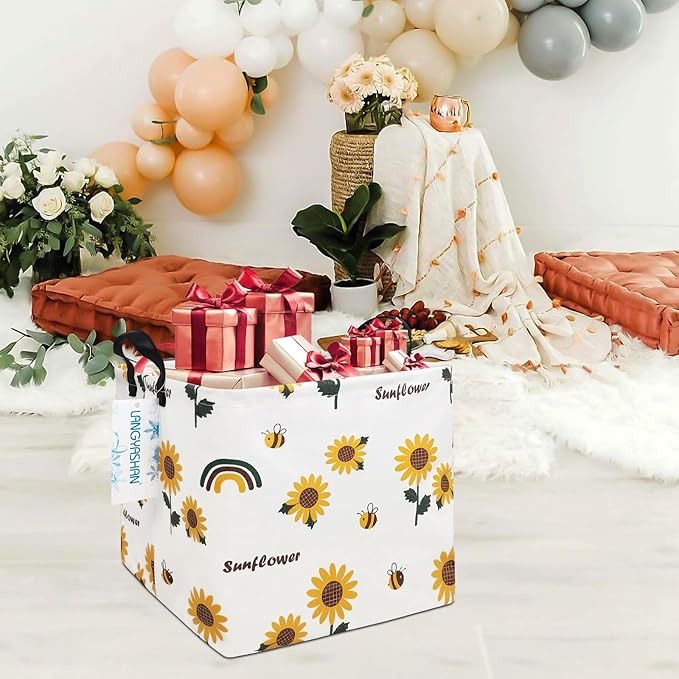 LANGYASHAN Square Storage Baskets Waterproof Canvas Children Laundry Nursery Hamper for Shelves Gift Baskets Toy Organizer Room Decor (Square Sunflower)
