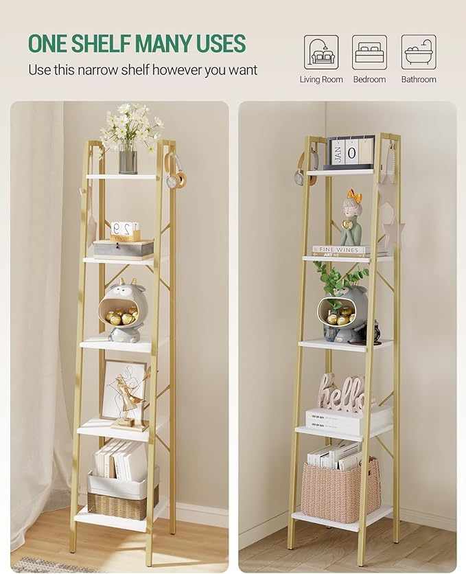 Ladder Shelf, Bookshelf Bookcase, Freestanding Corner Storage Shelve with 2 Hooks for Home Office, Living Room, Kitchen, Bedroom, Industrial, 11.8" D x 13.4" W x 63" H, White Gold BC03213G