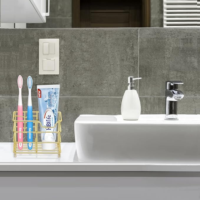 HBlife Small Toothbrush Holder for Bathroom, 5 Slots Gold Stainless Steel Bathroom Accessories Organizer for Small Spaces