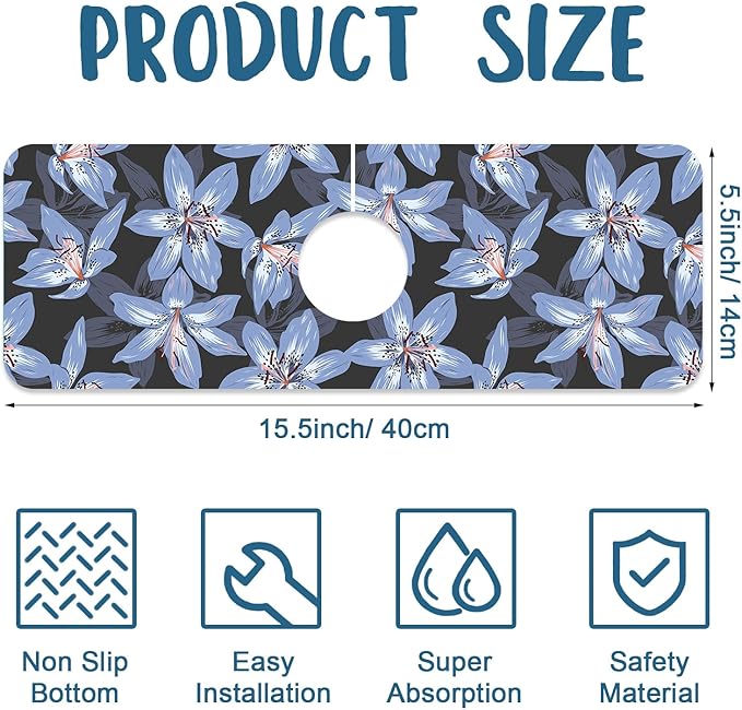 Blooming Lily Sink Faucet Absorbing Mat Blue Lily Flowers Super Absorbent Fast Drying Mat Sink Gadgets Behind Faucet Sinkmat for Kitchen Bathroom, 15.5"x5.5"