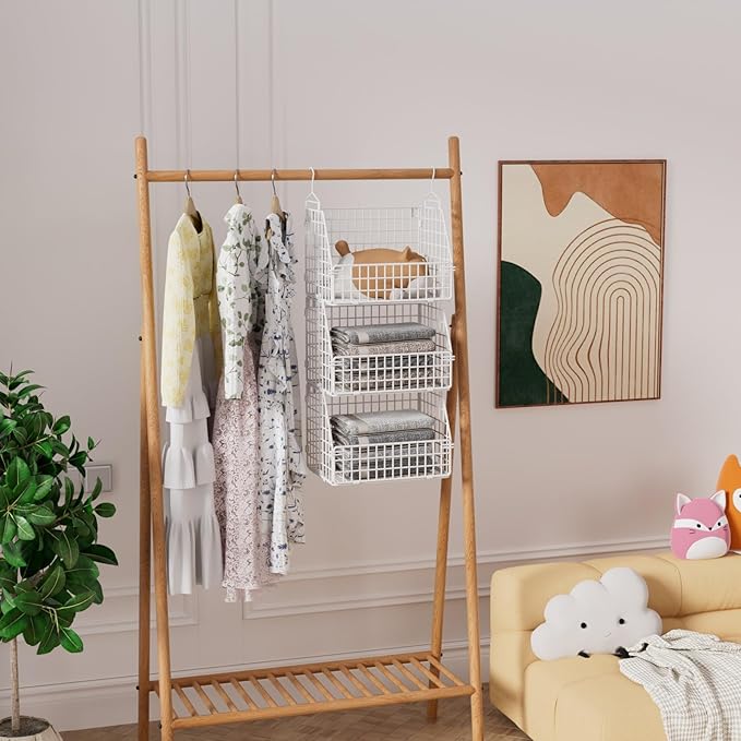 Hanging Closet Organizer and Storage, Clothes Hanging Shelves Wire Baskets for Clothing Sweaters Purse Handbags Shoes White 3 Tier