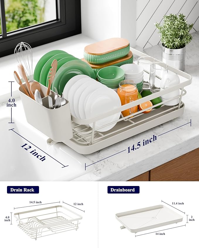 Kitsure Dish Drying Rack - Compact Dish Rack with Utensil Holder & Adjustable Water Outlet, Rust-Proof & Scratch-Resistant Drying Rack for Kitchen, 14.5" x 12.0" x 4.0", Light Grey