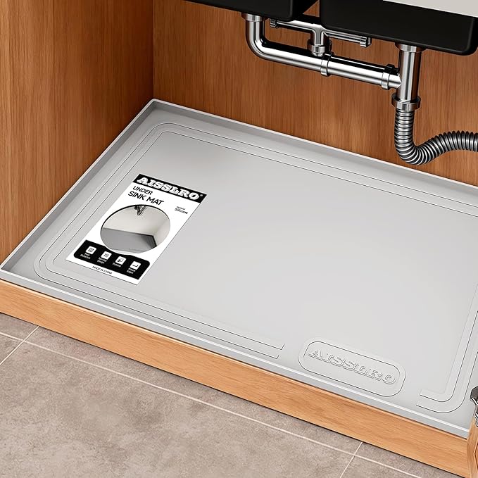 Aisslro Under Sink Mat 22" X 19", Waterproof Silicone Cabinet Organizer Protector with Raised Edge, Kitchen & Bathroom Leak Tray, Shelf Liner & Pet Feeding Mat for Dog Cat Food Mats, Light Gray