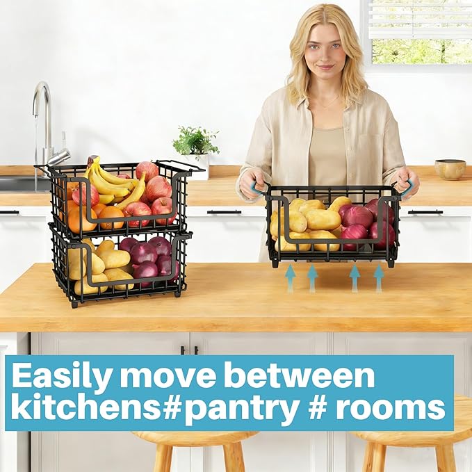 2 Pack Stackable Metal Wire Vegetable Fruit Basket for Kitchen Counter Cabinet, Pantry Organizers and Storage Basket, Food Can Snack Onion Potato Bread Storage Shelf Freezer Organizer Bins Black