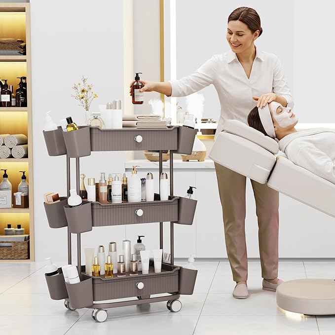 3 Tier Drawer Shelf Beauty Cart with 12 Movable Storage Organizer, Thickened Durable ABS, 360° Wheels for Salon Station for Hair Stylist, Beauty Salon, Spa Massage Parlor, Makeup Organizer - Brown