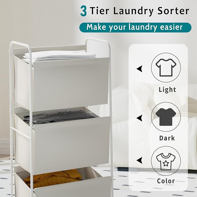 125L Vertical Laundry Hamper with Wheels, 3 Section Large Rolling Laundry Sorter with Detachable Inners, Metal Clothes Hamper Laundry Baskets Organizer for Bathroom, Bedroom, Dorm (Beige)