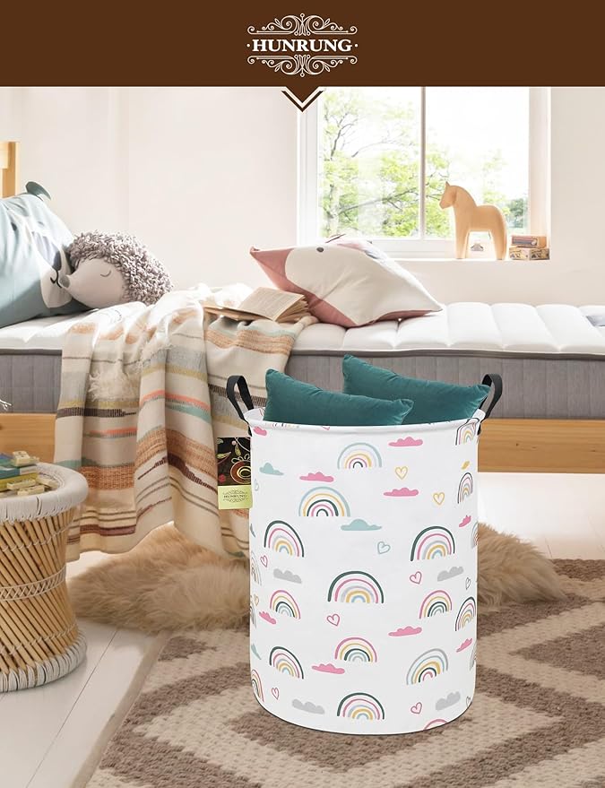 HUNRUNG Laundry Hamper,Large Canvas Fabric Lightweight Storage Basket Toy Organizer Dirty Clothes Collapsible Waterproof for College Dorms（Round-Rainbow）