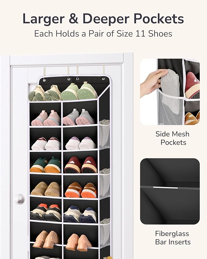ULG Over The Door Shoe Organizer with 16 Large Pockets, Hanging Shoe Rack for Closet Door, Space Saving Shoe Storage for Boots, Heels & Sneakers, Black
