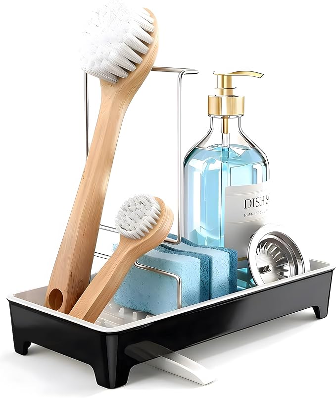 Minimalist Sink Caddy, Rustproof Sponge Holder for Kitchen Sink with 304 Stainless-Steel Brush Holder, Countertop Rack Organizer with Raised Ridges & Silicone Drain Tube (Black)
