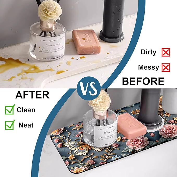 Gold Butterfly Sink Splash Guard Faucet Mat Pink Floral Super Absorbent Fast Drying Mat Sink Gadgets-Splash Guard Behind Faucet Drip Catcher for Kitchen Bathroom, 15.5"x5.5"