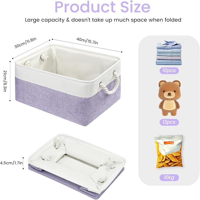 Large Storage Baskets- 15.7x11.8x8.26 inch Storage Bins for Shelves and Closet Organizing, Foldable Fabric Bin for Home Organization Clothes and Laundry (3-Pack, White&Purple)