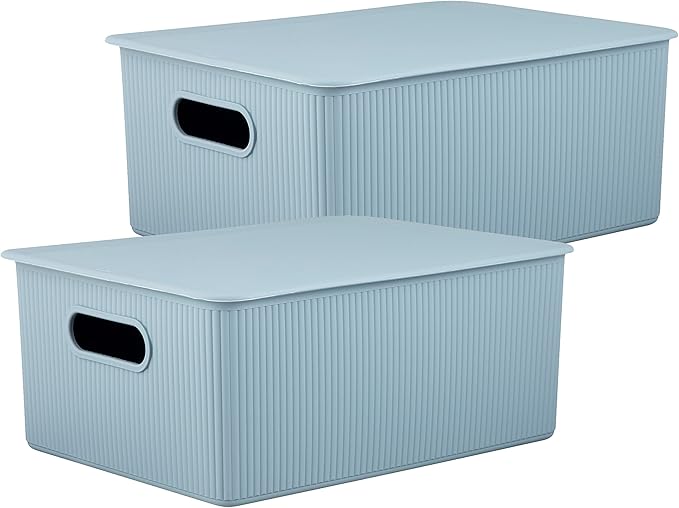 Superio Ribbed Decorative Plastic Home Storage Bins 2 Pack, Blue Organizer Baskets 15 Liter, Boxes for Organizing Closet Shelf (Bin with Lid- Large)