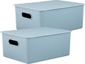 Superio Ribbed Decorative Plastic Home Storage Bins 2 Pack, Blue Organizer Baskets 15 Liter, Boxes for Organizing Closet Shelf (Bin with Lid- Large)