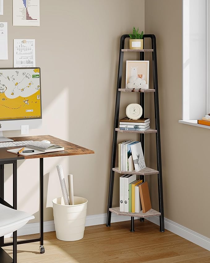 Corner Shelf, 5-Tier Ladder Corner Shelf, Ladder Bookshelf, 59.6" Tall Vertical Display Stand, Metal Frame Bookshelf, for Living Room, Bedroom, Kitchen, Greige and Black TCJ20BG