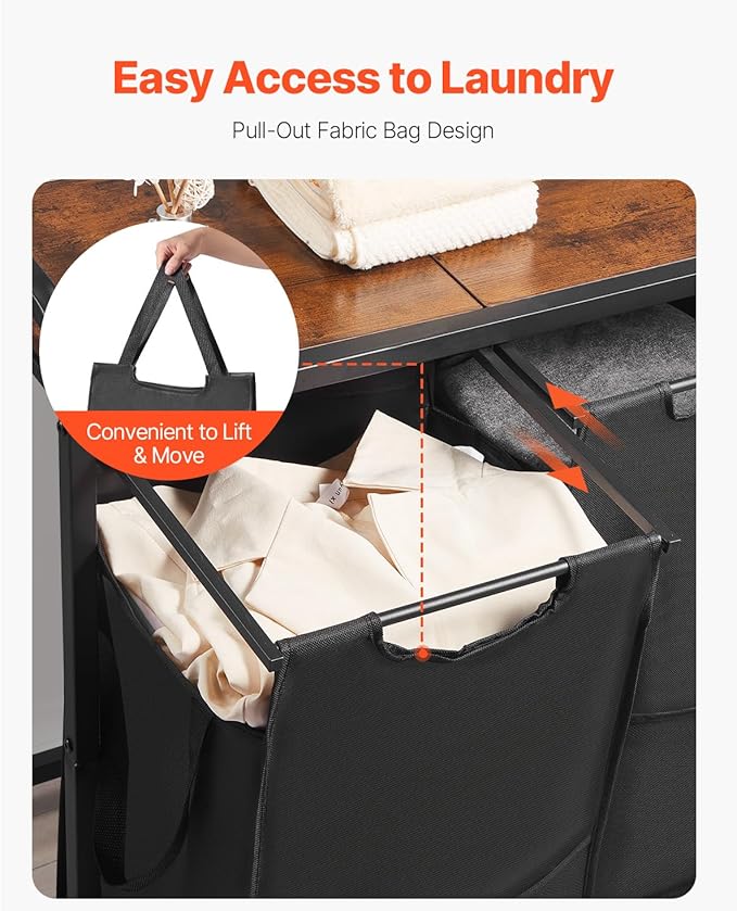VEVOR 3 Section Laundry Sorter, Large Laundry Hamper with Metal Frame and Wooden Tabletop, Freestanding Storage Organizer Baskets with Pull-Out 600D Oxford Cloth Bags for Dirty Clothes, Bathroom