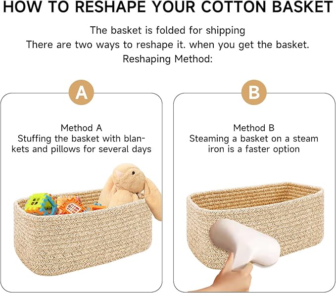 Small Storage Baskets for Organizing | Closet Organizer Bins | Shelf Toy Basket | Woven Rope Baskets | Cube Decorative Box | Shallow Basket | 11.5x7.5x4.7” | 3 Packs White Pink