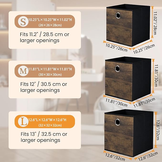 Decorative Cube Storage Bin with Wood Grain,Thickened Fabric Storage Cube Box Sturdy Cube Organizer Basket,Foldable Space Saving Bin for Shelves,Home,Office,Nursery,Dorm Room,3 Pack (12.6x12.6x12.6in)