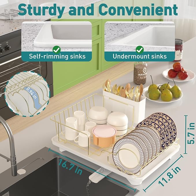 Buruis Dish Drying Rack for Kitchen Countertop, Large Capacity Gold Stainless Steel Dish Drainer with Anti-Slip Rubber Feet, Removable Drain Board and Utensil Holder (White Tray)