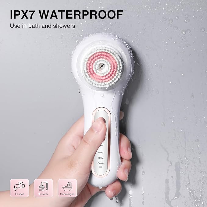 Electric Facial Cleansing Brush, 2-Way Rotating Face Scrubber for Daily & Deep Cleaning, 3 Modes, 5 Brush Heads, Rechargeable, IPX7 Waterproof for All Skin Types
