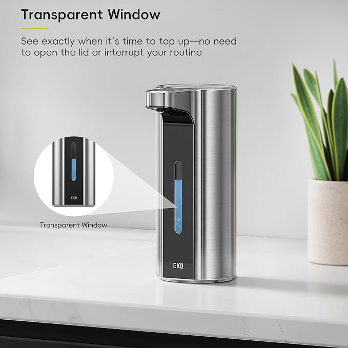 EKO Aroma Pro 13.5 fl oz Touchless Automatic Liquid Soap Dispenser, Rechargeable Hand & Dish Soap Dispenser for Bathroom and Kitchen, Waterproof, Adjustable Volume Control (Stainless Steel)