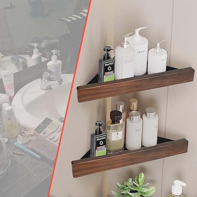 Bathroom Corner Shelf 1-Pack, Shower Shelves Corner with High Guardrail - No Drilling Shower Caddy, Solid Walnut Finish Aluminum Shelf