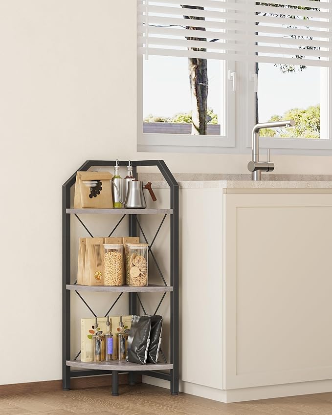 3-Tier Corner Shelf, Industrial Corner Bookshelf, 35.4" Storage Stand, Plant Stand Display Shelf, Bookcase for Bedroom, Living Room, Home Office, Greige and Black TCJ03BG