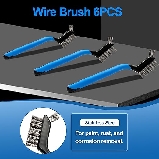 Mini Wire Brush Set 6Pcs - Stainless Steel Wire with Curved Handle Grip for Rust, Dirt & Paint Scrubbing with Deep Cleaning