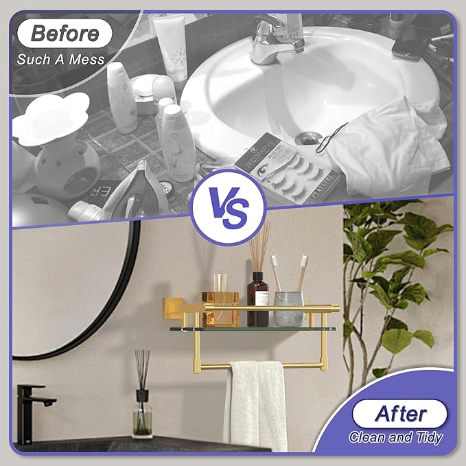 Bathroom Glass Shelf Brushed Gold Finish with Towel Rack, SUS304 Stainless Steel, 16-inch Tempered Glass Shelves for Wall