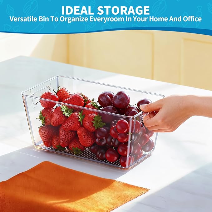 KJIXYUNG 6 Pack Clear Pantry Organizer Bins, Fridge Organiser Set, Plastic Containers with Handle,Home Organization Must Haves for Kitchen,Freezer,Cabinet,Closet,Bathroom Under Sink Storage